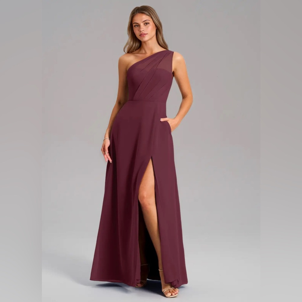 AZAZIE PHAEDRA Cabernet A-Line One Shoulder Chiffon Dress